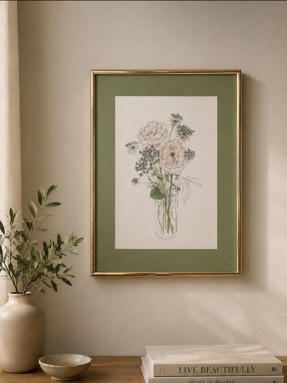 Framed Botanical Wall Art in Sage Green and Gold